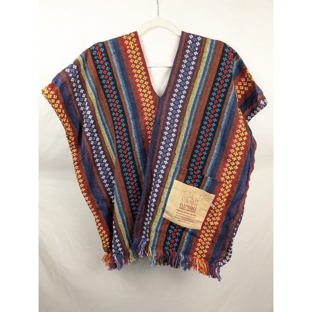 Elephant Jungle Sanctuary Thai Woven Kaftan Top Size M Multicolor Granola Hippie - Picture 2 of 8